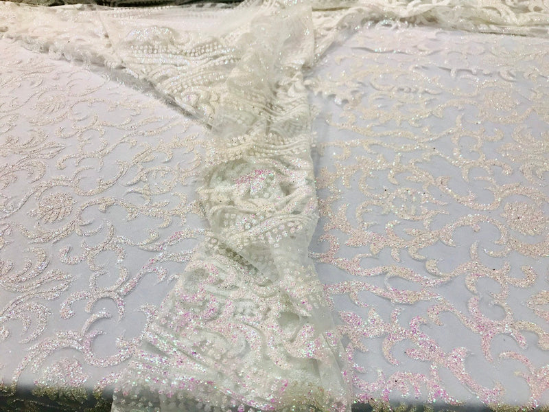 White Iridescent glitter damask design on a mesh lace-dresses-fashion-decorations-prom-nightgown-sold by the yard.