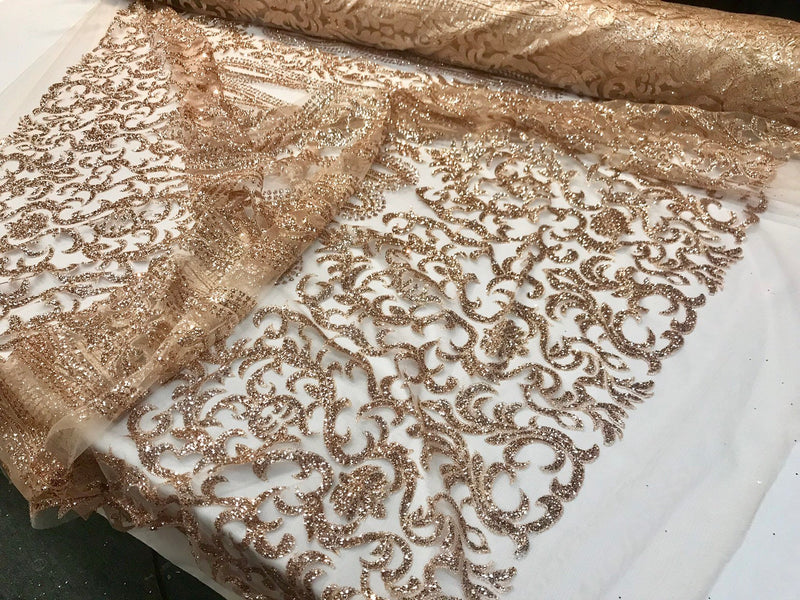 Rose gold shiny glitter damask design on a mesh lace-dresses-fashion-apparel-prom-nightgown-decorations-sold by the yard.