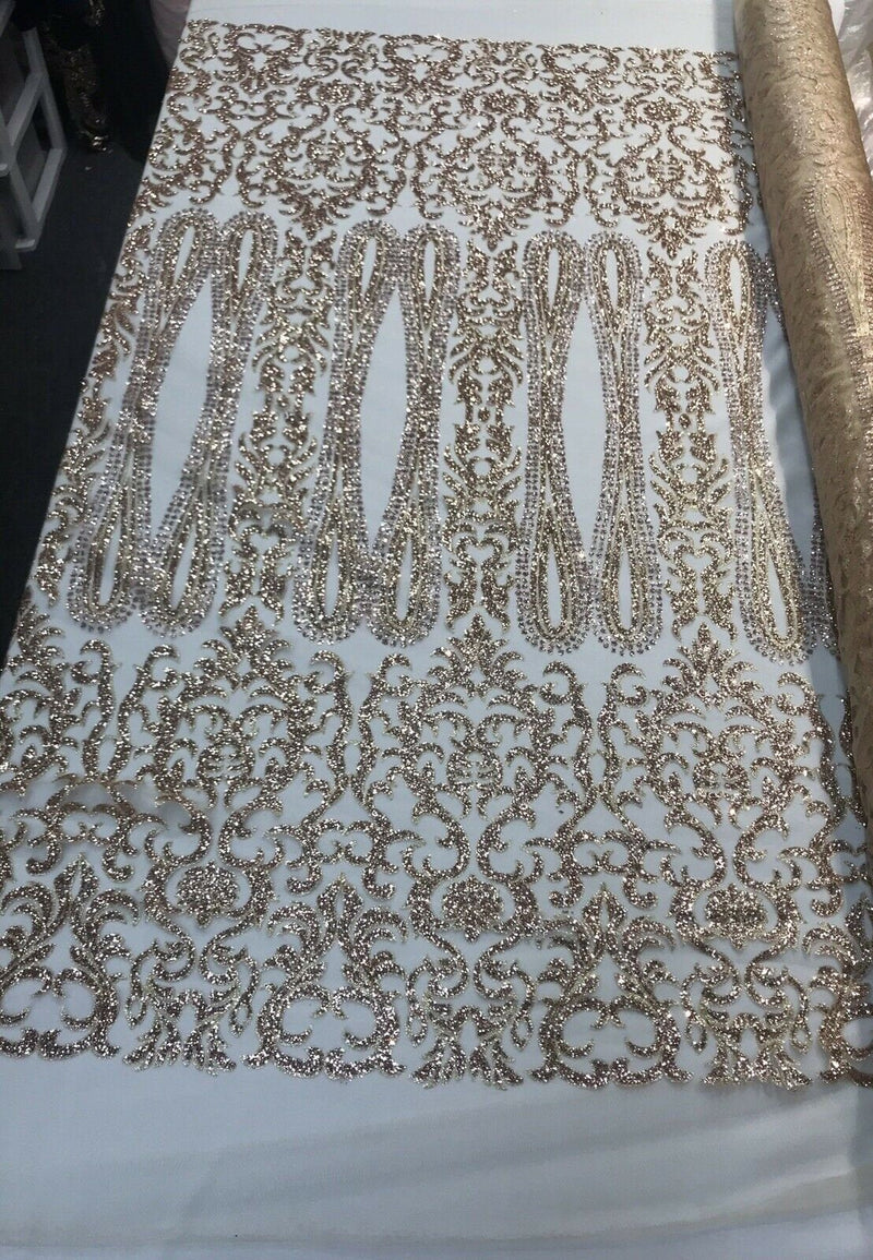 Shiny glitter damask design on a mesh lace-Prom-Nightgown-Dresses-Free Shipping In The USA-By The Yard.