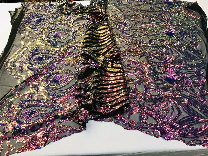 Rainbow iridescent damask sequin design on a 4 way stretch black mesh-dresses-prom-nightgown-sold by the yard-free shipping in the USA-
