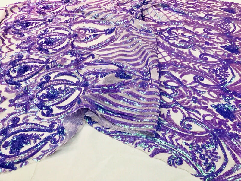 Lavender iridescent damask sequin design on a 4 way stretch mesh-dresses-prom-nightgown-sold by the yard-free shipping in the USA-