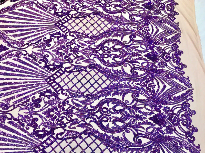 Purple iridescent damask sequin design on a 4 way stretch nude mesh-dresses-prom-sold by the yard.