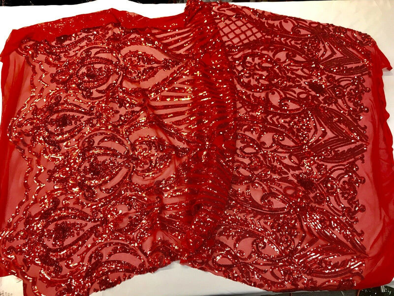Red damask sequin design on a 4 way stretch mesh-dresses-prom-nightgown-sold by the yard-free shipping in the USA-