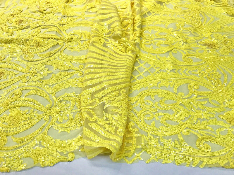Bright yellow damask sequin design on a 4 way stretch mesh-dresses-prom-nightgown-sold by the yard-free shipping in the USA-