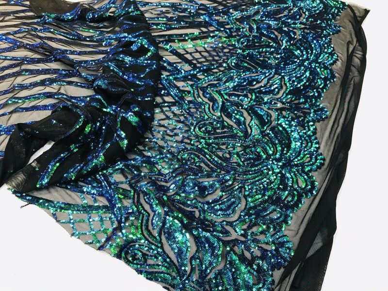 Green iridescent phoenix flames sequin design on a 4 way stretch black mesh-prom-nightgown-sold by the yard-free shipping in the USA-