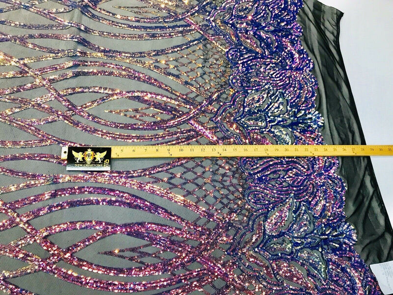 Rainbow iridescent phoenix flames sequin design on a 4 way stretch black mesh-prom-nightgown-sold by the yard-free shipping in the USA-