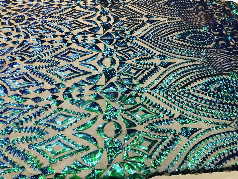 Green iridescent sequin diamond design on a 4 way stretch black mesh-prom-nightgown-by the yard-free shipping in the USA.