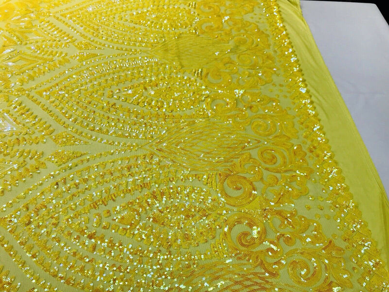 Yellow iridescent sequin diamond design on a 4 way stretch mesh-prom-nightgown-by the yard-free shipping in the USA.