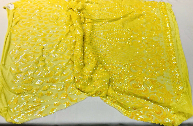 Yellow iridescent sequin diamond design on a 4 way stretch mesh-prom-nightgown-by the yard-free shipping in the USA.