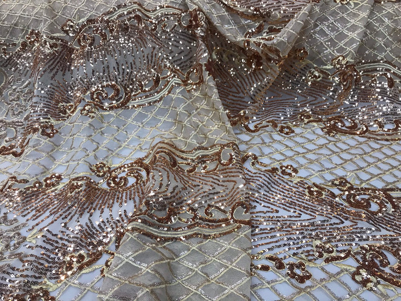 Gold glitter sequin damask design on a 4 way stretch gold mesh lace-prom-nightgown-sold by the yard-free shipping in the USA-