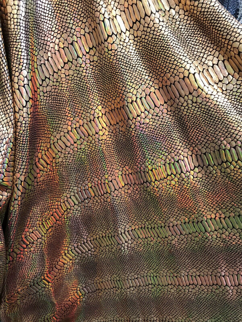 Iridescent snake skin print on a nylon 2 way stretch spandex lycra-cast play-fashion-sold by the yard-free shipping in the usa.