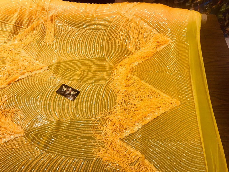 NEW!!!Dark yellow iridescent fringe sequins design on a 4 way stretch mesh fabric-sold by the yard.