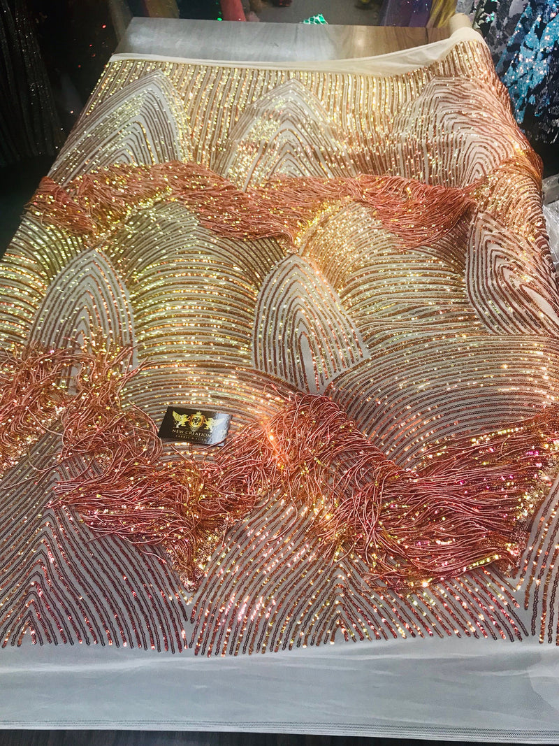 NEW!! Orange iridescent fringe sequins design on a 4 way stretch nude mesh fabric-prom-nightgown-sold by the yard-free shipping in the USA-