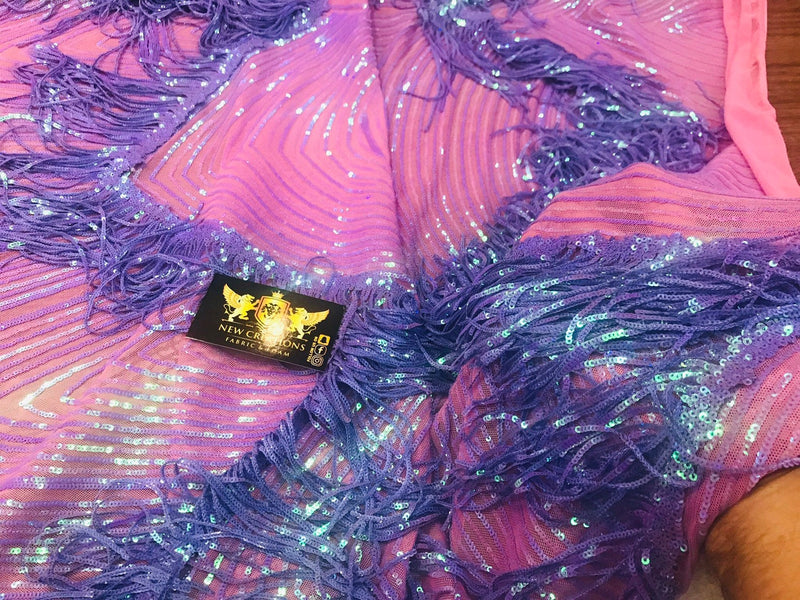 NEW!! Lavender iridescent fringe sequins design on a 4 way stretch pink mesh fabric-prom-nightgown-sold by the yard-free shipping in the USA