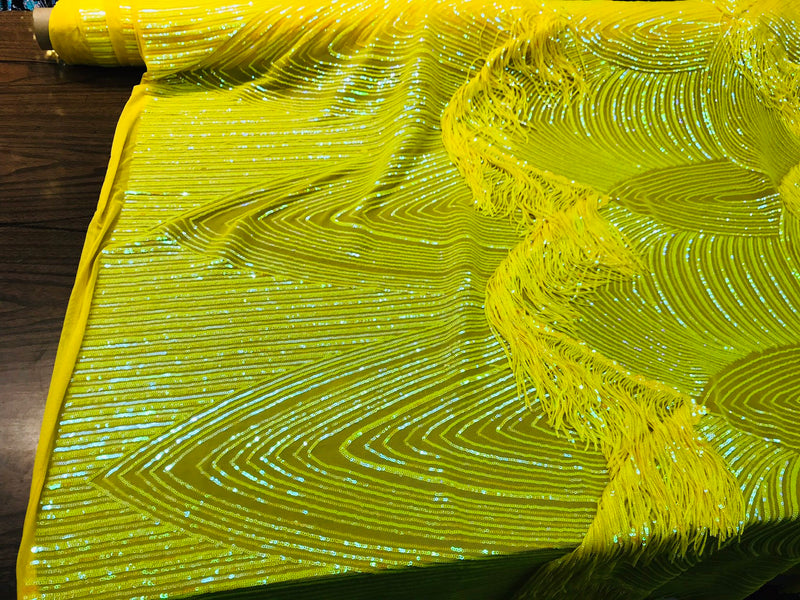 NEW!! Neon yellow iridescent fringe sequins design on a 4 way stretch mesh fabric-prom-nightgown-sold by the yard-free shipping in the USA-