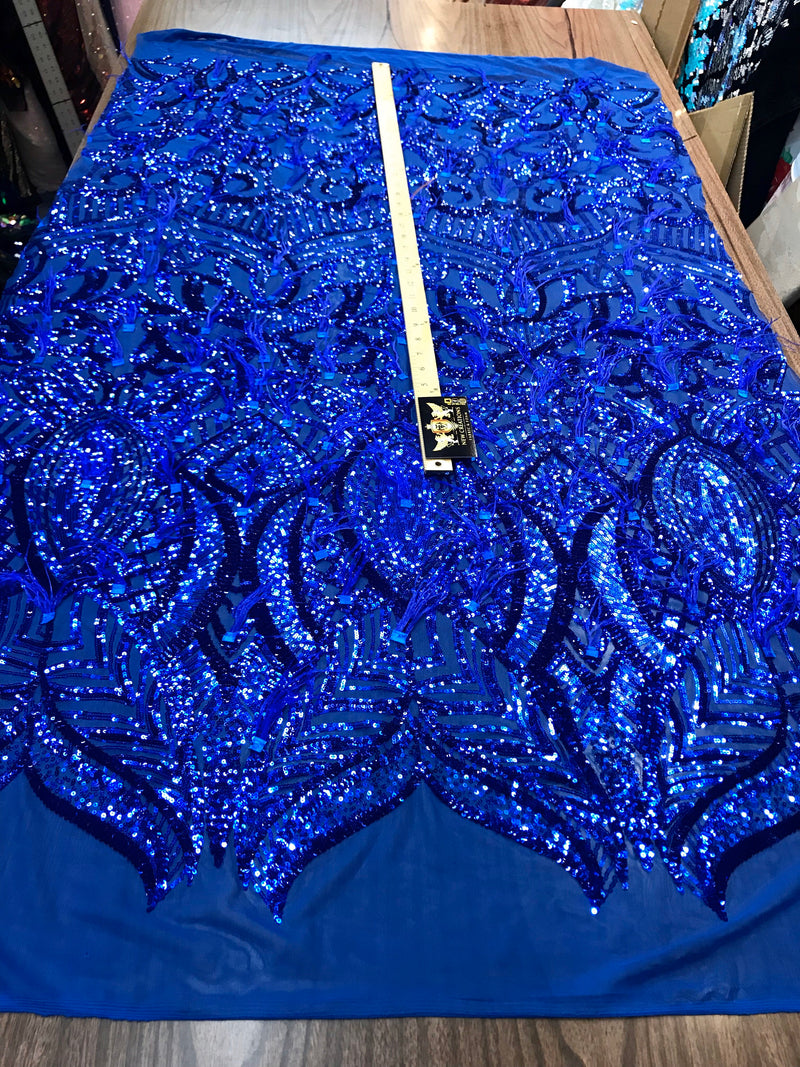 Royal Blue Sequins Design With Feathers On A 4 Way Stretch Mesh Fabric-Prom -Sold By The Yard.