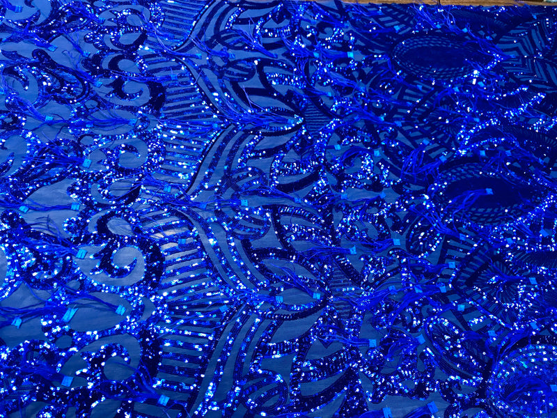 Royal Blue Sequins Design With Feathers On A 4 Way Stretch Mesh Fabric-Prom -Sold By The Yard.