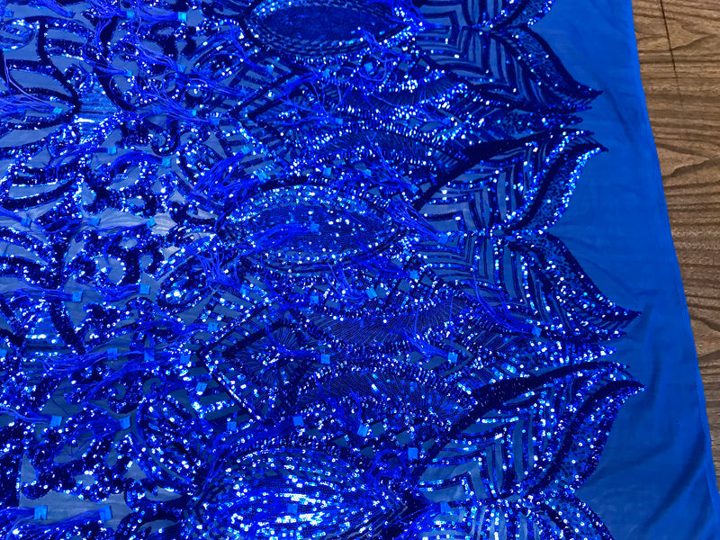 Royal Blue Sequins Design With Feathers On A 4 Way Stretch Mesh Fabric-Prom -Sold By The Yard.