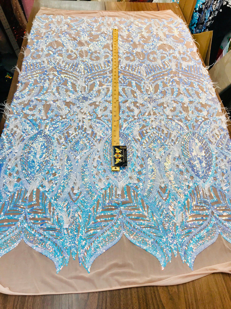 Aqua Clear Sequins Design With Feathers On A 4 Way Stretch Nude Mesh Fabric-Sold By The Yard.