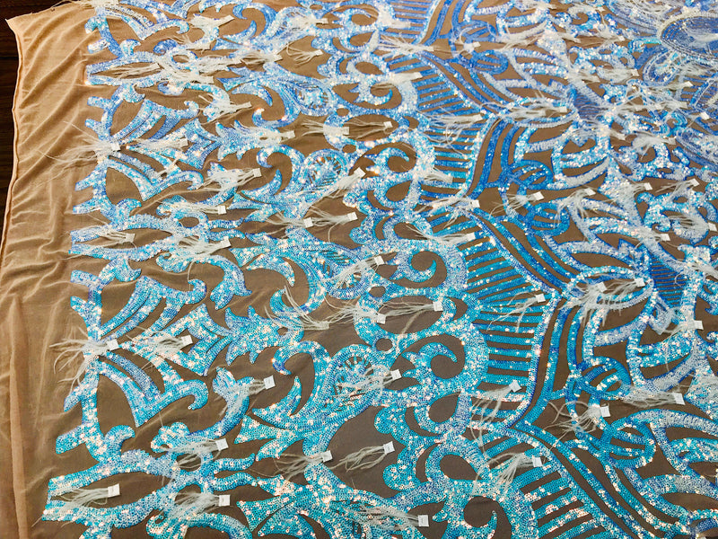 Aqua Clear Sequins Design With Feathers On A 4 Way Stretch Nude Mesh Fabric-Sold By The Yard.