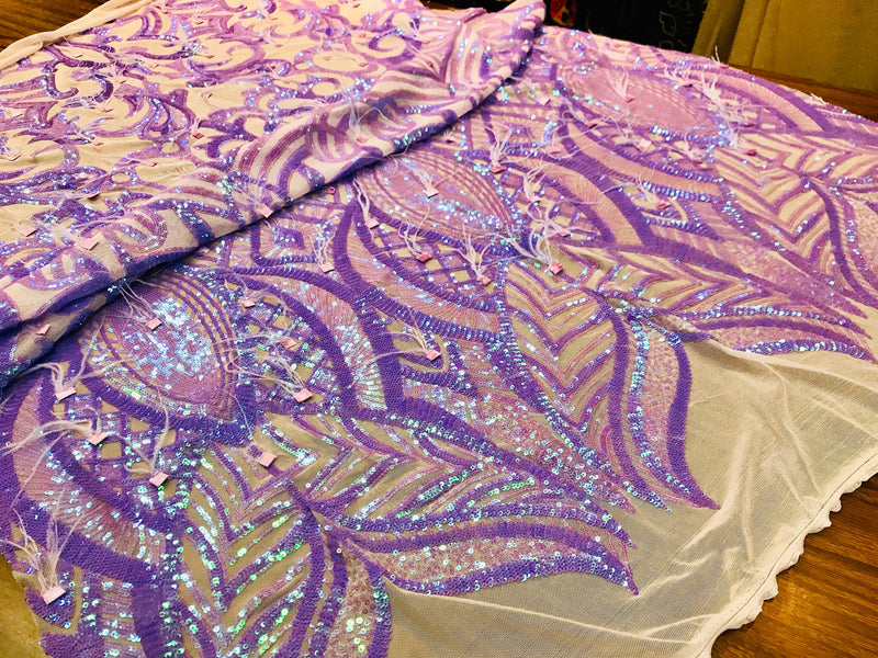 Lavender Iridescent Design With Feathers On A 4 Way Stretch Mesh Fabric-Prom-Nightgown-Sold By The Yard-Free Shipping In The USA-
