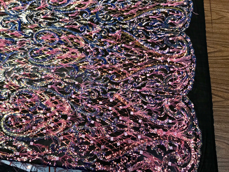 Rainbow Iridescent Sequin Design With Feathers On A 4 Way Stretch Black Mesh Fabric-Prom-Nightgown-Sold By The Yard-Free Shipping In The USA