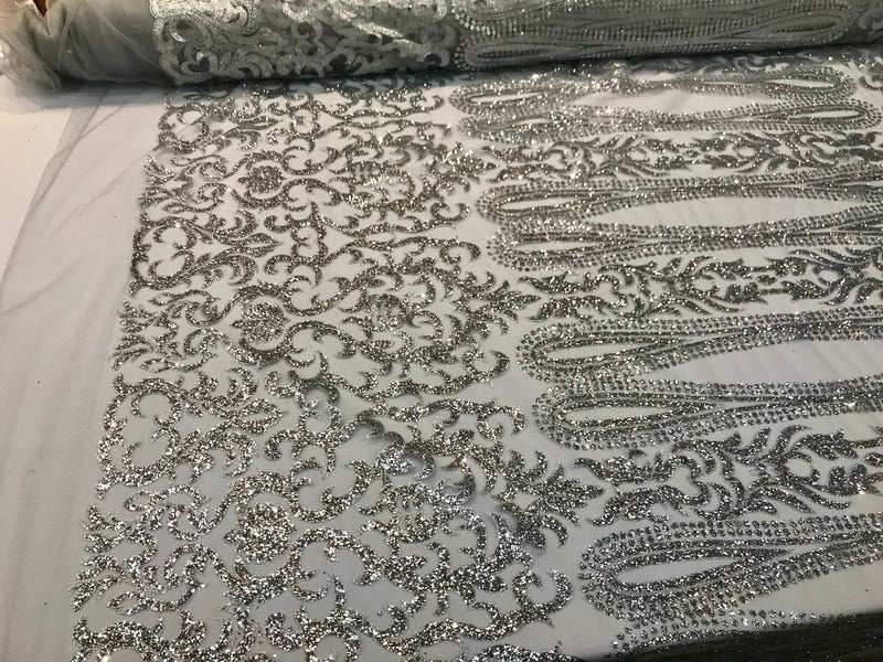 Silver shiny glitter damask design on a mesh lace-dresses-fashion-apparel-prom-nightgown-decorations-sold by the yard.