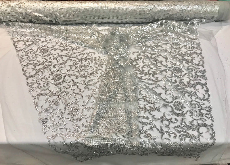 Silver shiny glitter damask design on a mesh lace-dresses-fashion-apparel-prom-nightgown-decorations-sold by the yard.