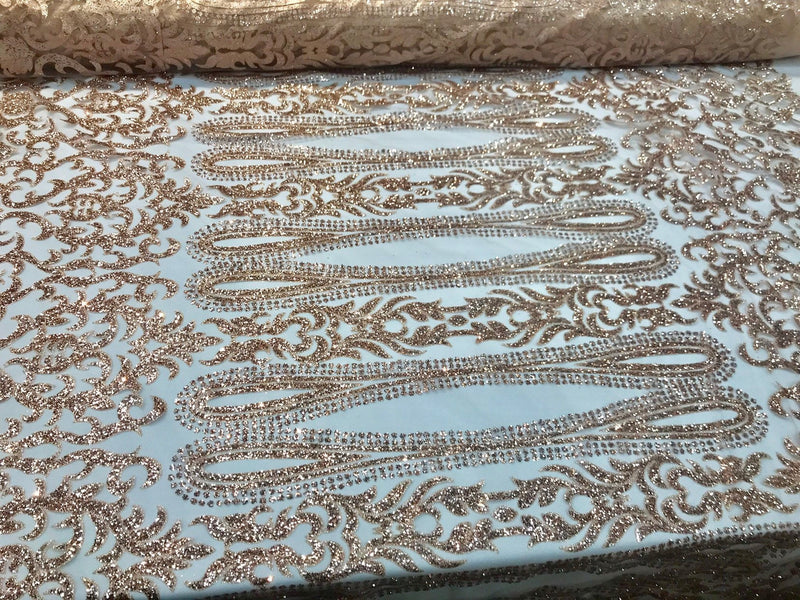 Rose gold shiny glitter damask design on a mesh lace-dresses-fashion-apparel-prom-nightgown-decorations-sold by the yard.
