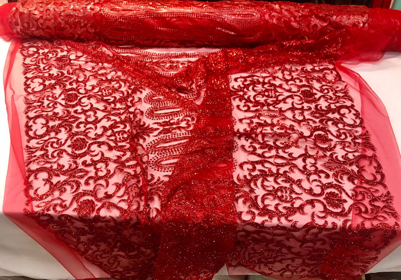 Red shiny glitter damask design on a mesh lace-dresses-fashion-apparel-prom-nightgown-decorations-sold by the yard.