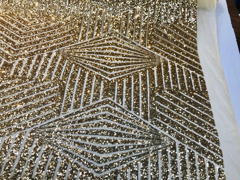 Gold shiny sequin geometric diamond design on a 2 way stretch mesh fabric-prom-nightgown-sold by the yard-free shipping in the USA-