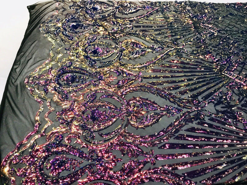 Rainbow iridescent damask sequin design on a 4 way stretch black mesh-dresses-prom-nightgown-sold by the yard-free shipping in the USA-