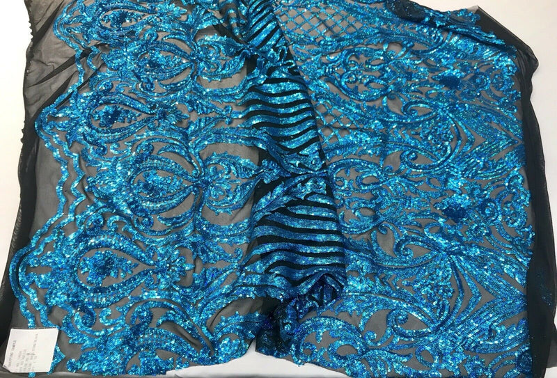 Turquoise iridescent damask sequin design on a 4 way stretch black mesh-dresses-prom-nightgown-sold by the yard-free shipping in the USA-