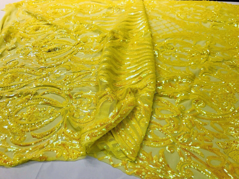 Yellow iridescent damask sequin design on a 4 way stretch mesh-dresses-prom-nightgown-sold by the yard-free shipping in the USA-