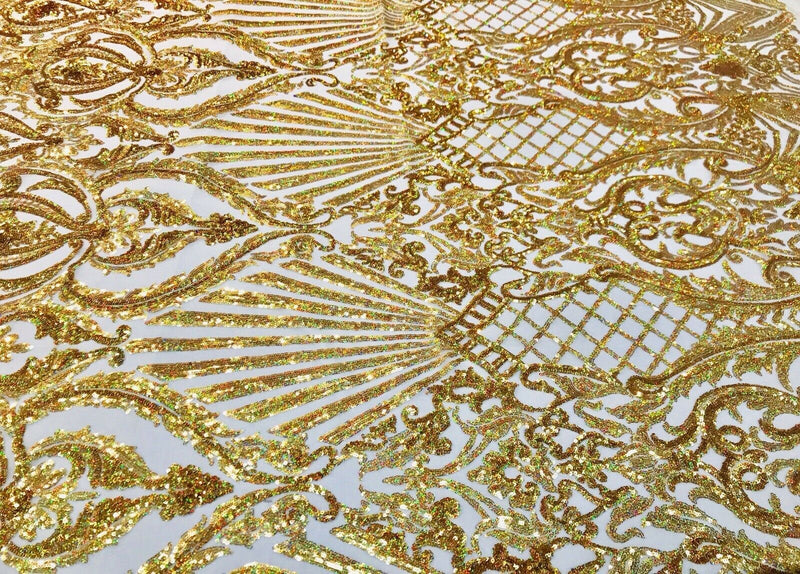 Gold iridescent damask sequin design on a 4 way stretch mesh-dresses-prom-nightgown-sold by the yard-free shipping in the USA-