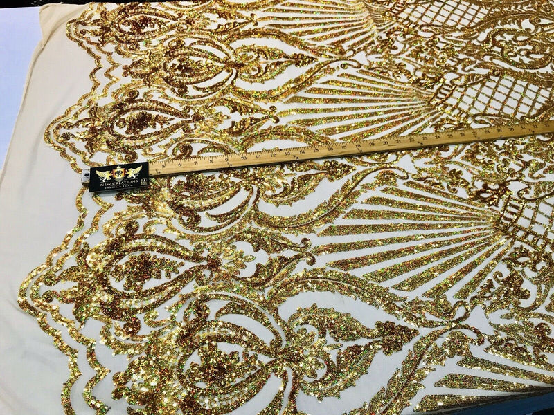Gold iridescent damask sequin design on a 4 way stretch mesh-dresses-prom-nightgown-sold by the yard-free shipping in the USA-