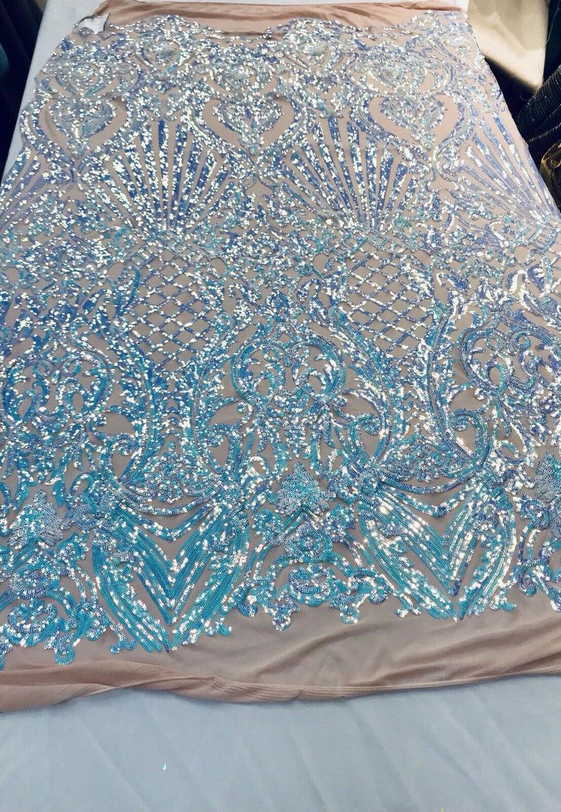 Aqua iridescent damask sequin design on a 4 way stretch nude mesh-dresses-prom-nightgown-sold by the yard-free shipping in the USA-