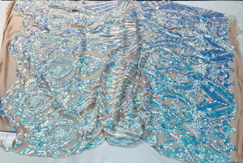 Aqua iridescent damask sequin design on a 4 way stretch nude mesh-dresses-prom-nightgown-sold by the yard-free shipping in the USA-