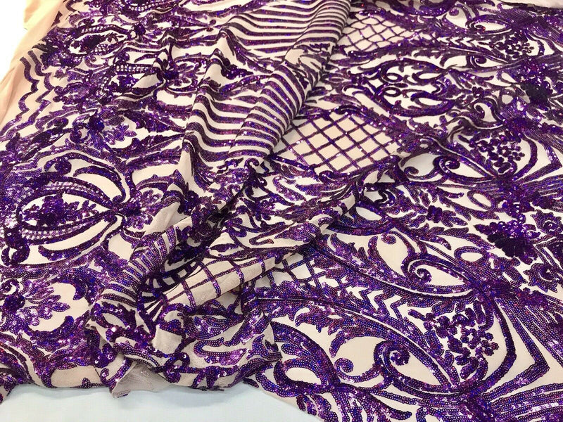 Purple iridescent damask sequin design on a 4 way stretch nude mesh-dresses-prom-sold by the yard.