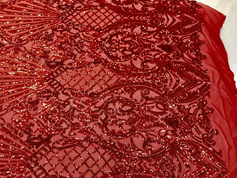 Red damask sequin design on a 4 way stretch mesh-dresses-prom-nightgown-sold by the yard-free shipping in the USA-