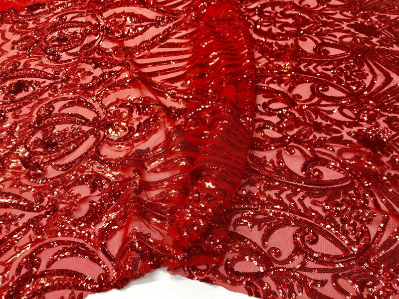 Red damask sequin design on a 4 way stretch mesh-dresses-prom-nightgown-sold by the yard-free shipping in the USA-