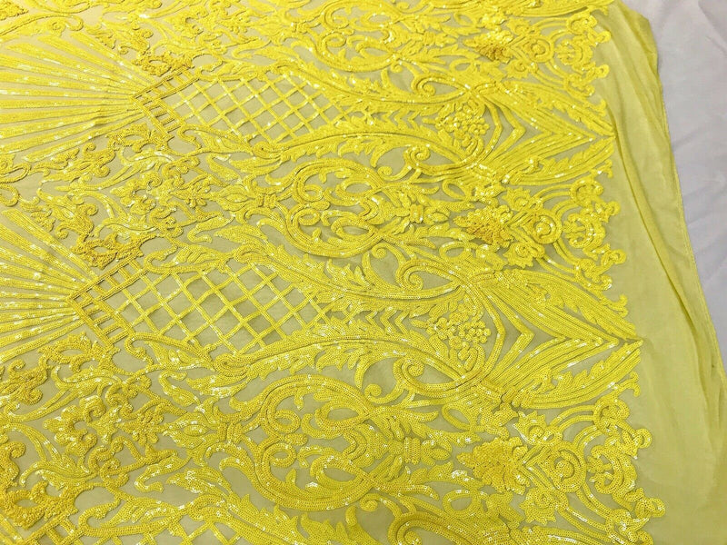 Bright yellow damask sequin design on a 4 way stretch mesh-dresses-prom-nightgown-sold by the yard-free shipping in the USA-