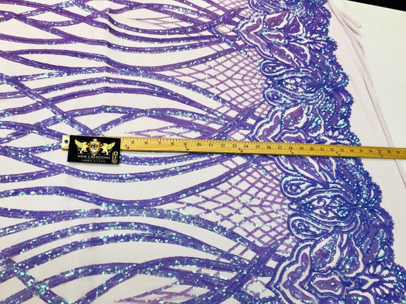 Lavender iridescent phoenix flames sequin design on a 4 way stretch mesh-prom-sold by the yard-