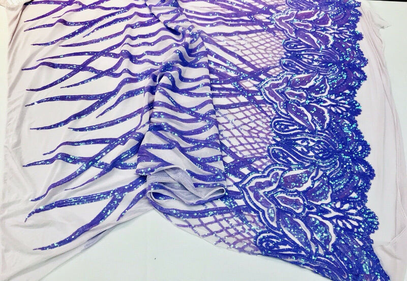 Lavender iridescent phoenix flames sequin design on a 4 way stretch mesh-prom-sold by the yard-