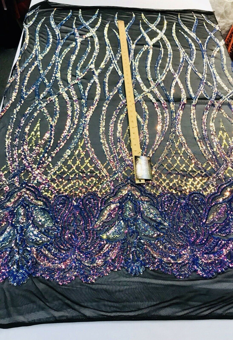 Rainbow iridescent phoenix flames sequin design on a 4 way stretch black mesh-prom-nightgown-sold by the yard-free shipping in the USA-