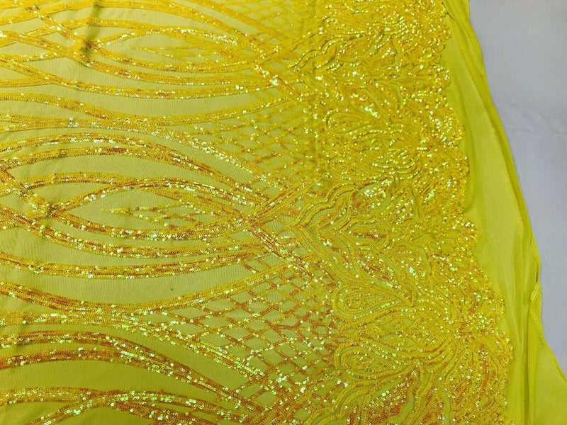 Yellow iridescent phoenix flames sequin design on a 4 way stretch mesh-prom-nightgown-sold by the yard-free shipping in the USA-