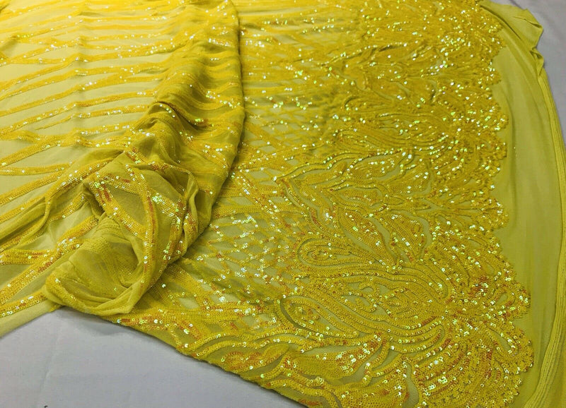 Yellow iridescent phoenix flames sequin design on a 4 way stretch mesh-prom-nightgown-sold by the yard-free shipping in the USA-