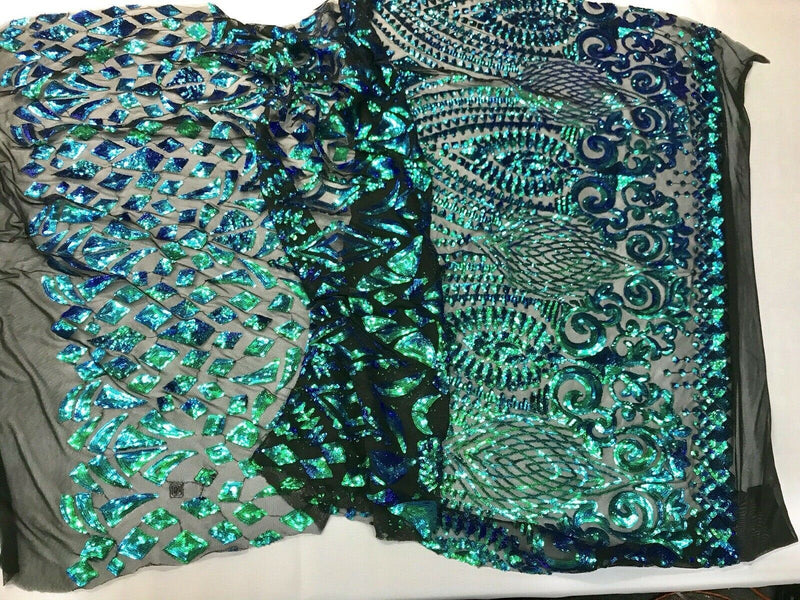 Green iridescent sequin diamond design on a 4 way stretch black mesh-prom-nightgown-by the yard-free shipping in the USA.