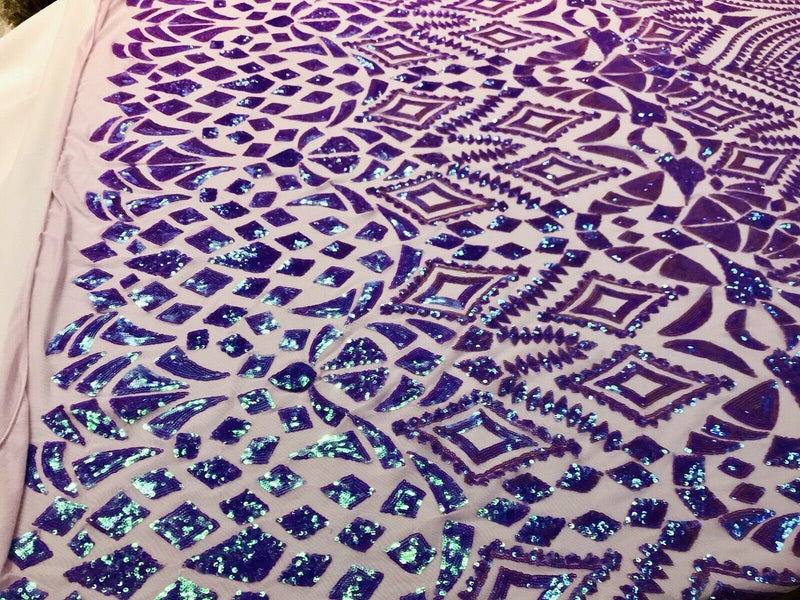 Lavender iridescent sequin diamond design on a 4 way stretch mesh-prom-nightgown-by the yard-free shipping in the USA.