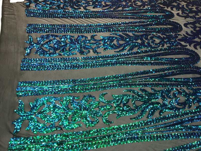 Green iridescent sequin classic design on a 4 way stretch black mesh fabric-prom-nightgown-sold by the yard-free shipping in the usa.